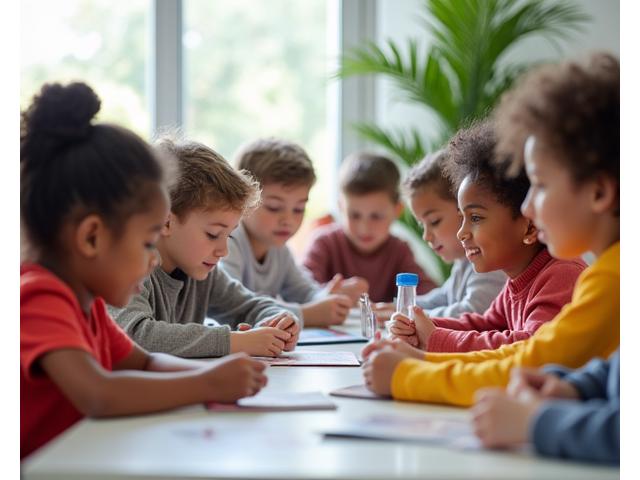 Gruppe verschiedener Kinder unterschiedlichen Alters beim gemeinsamen Spielen und Lernen und Lachen, repräsentativ für altersgerechte Programme.