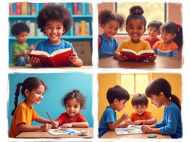 Ein Mosaik aus Bildern, die Kinder beim Lesen, Sporttreiben und kreativen Basteln in Berlin zeigen, verdeutlicht die Bandbreite der Angebote.