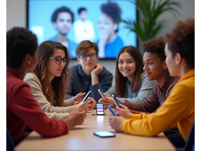 Eine Gruppe Jugendlicher diskutiert lebhaft mit einem Kursleiter über Medienkompetenz und den sicheren Umgang mit digitalen Medien.