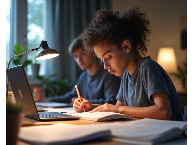 Ein Jugendlicher sitzt fokussiert vor Lernmaterialien und einem Laptop, vorbereitet auf eine Prüfung, mit einem Mentor im Hintergrund, der bereit ist zu helfen.