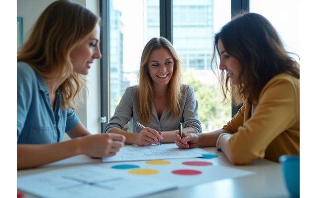 Drei Frauen engagieren sich aktiv bei einem Workshop, diskutieren lebhaft und nehmen an einer Gruppendiskussion teil.