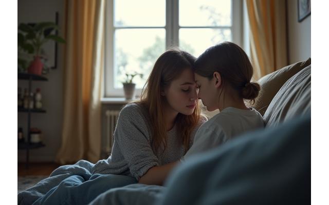 Eine Mutter und ihr Kind sitzen eng beieinander, reflektieren Nachdenklichkeit in einem bescheidenen Zuhause.