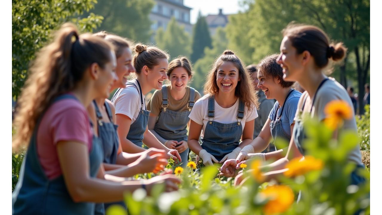 Eine Gruppe von Freiwilligen unterschiedlichen Alters und Ethnien arbeitet gemeinsam in einem Gemeinschaftsgarten in Berlin, lachend und engagiert. Das Bild strahlt Gemeinschaft und positive Wirkung aus.