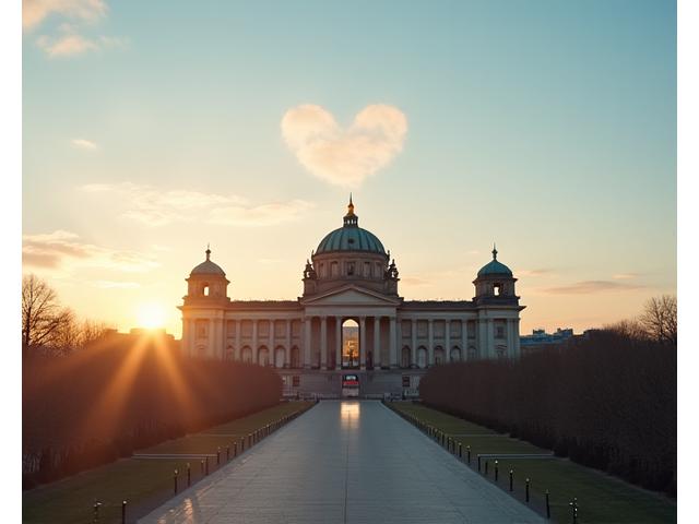 Das Berliner Reichstagsgebäude mit einem Herzsymbol darüber, das die Partnerschaft zwischen öffentlichen Institutionen und sozialen Organisationen symbolisiert.