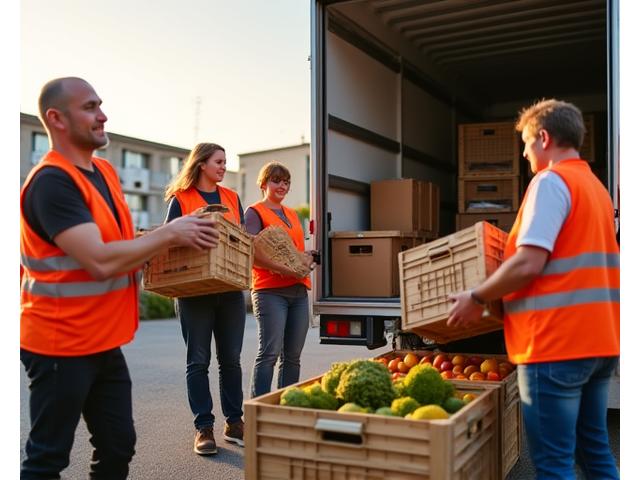 Ehrenamtliche der Berliner Tafel laden Lebensmittelspenden von Containern eines Supermarktes in einen Lieferwagen, symbolisierend die Reduzierung von Lebensmittelverschwendung.