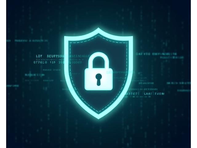 Symbol für digitale Sicherheit und Datenschutz, Schloss mit stilisiertem Schild