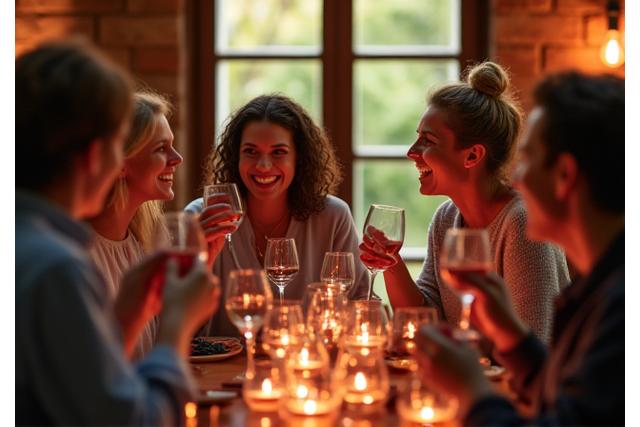 Eine Gruppe genießt eine Weinprobe in einem historischen Weinkeller, symbolisiert kulinarische Touren.